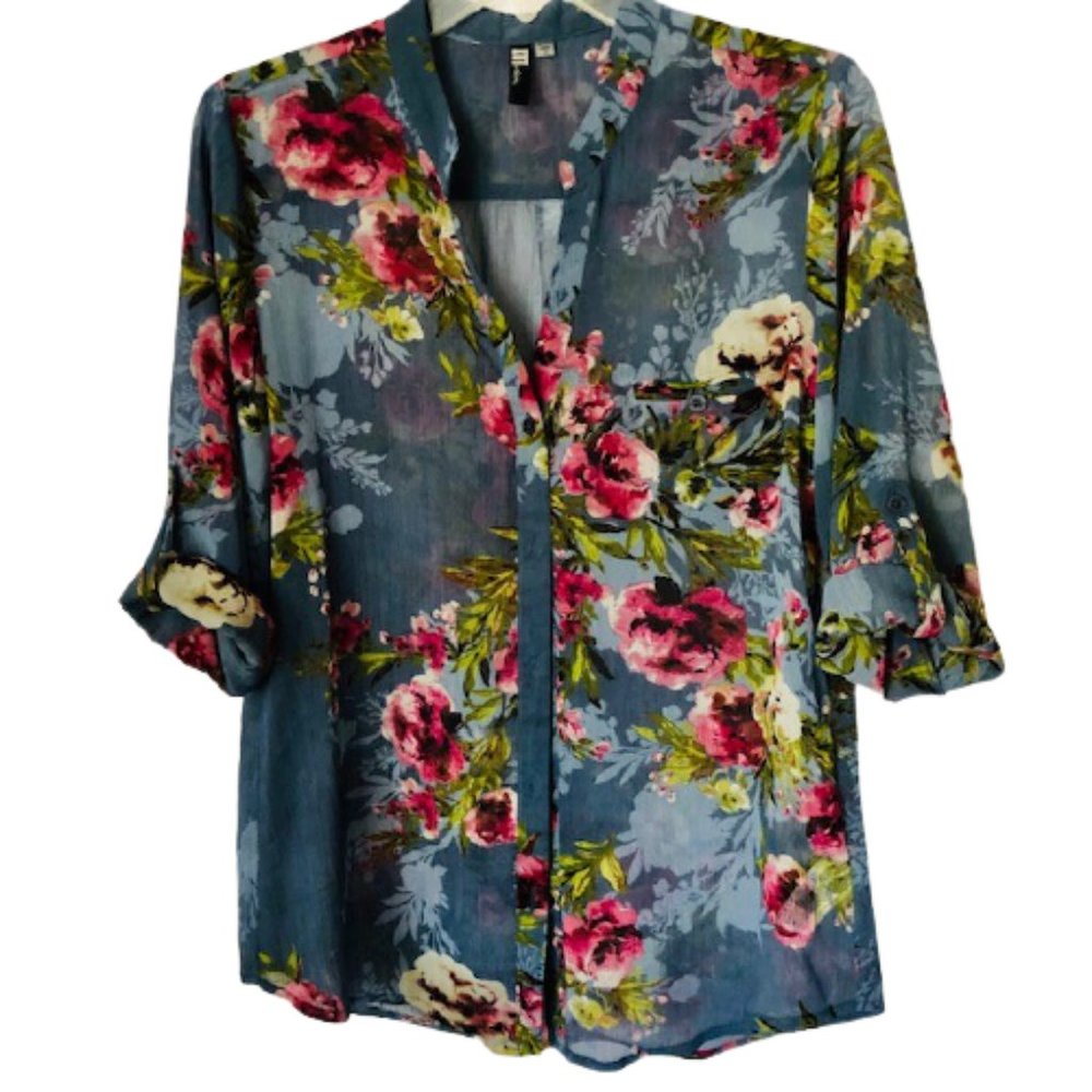 Kut from the Kloth Semi-Sheer Floral Shirt Roll Up Sleeve - Blue/Multi - S